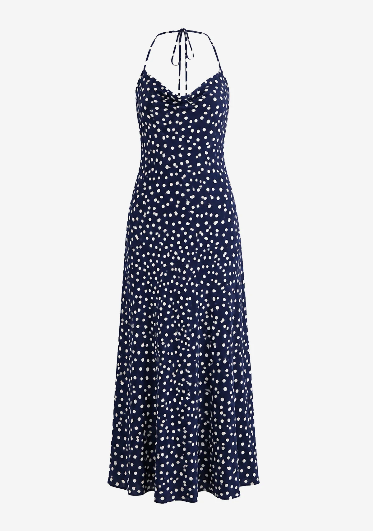 Polka Dot Maxi Dress With Halter Neck And Open Back Detail Navy/Ivory