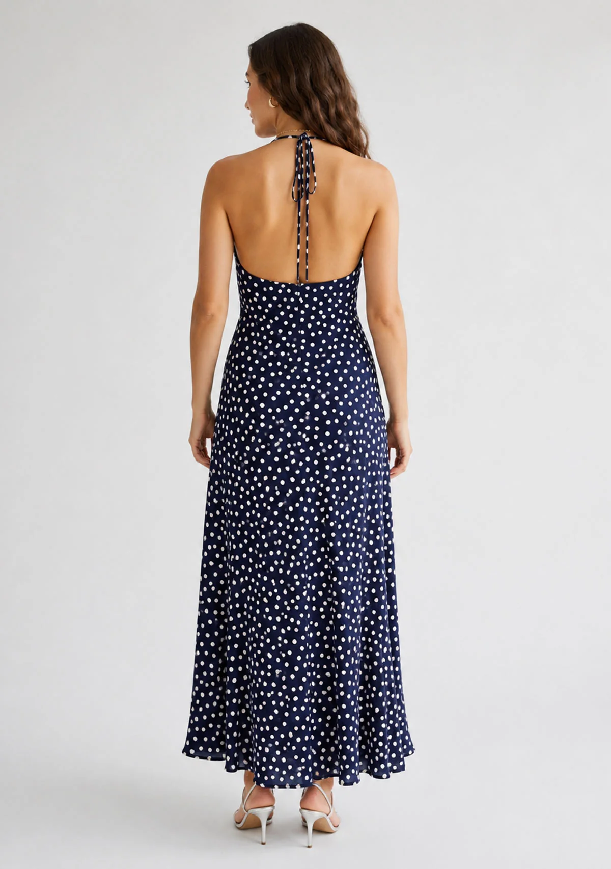 Polka Dot Maxi Dress With Halter Neck And Open Back Detail Navy/Ivory - Image 3