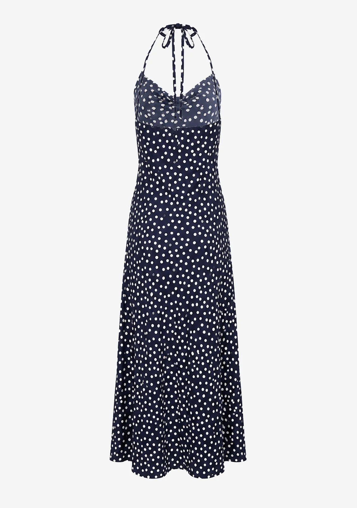Polka Dot Maxi Dress With Halter Neck And Open Back Detail Navy/Ivory - Image 4