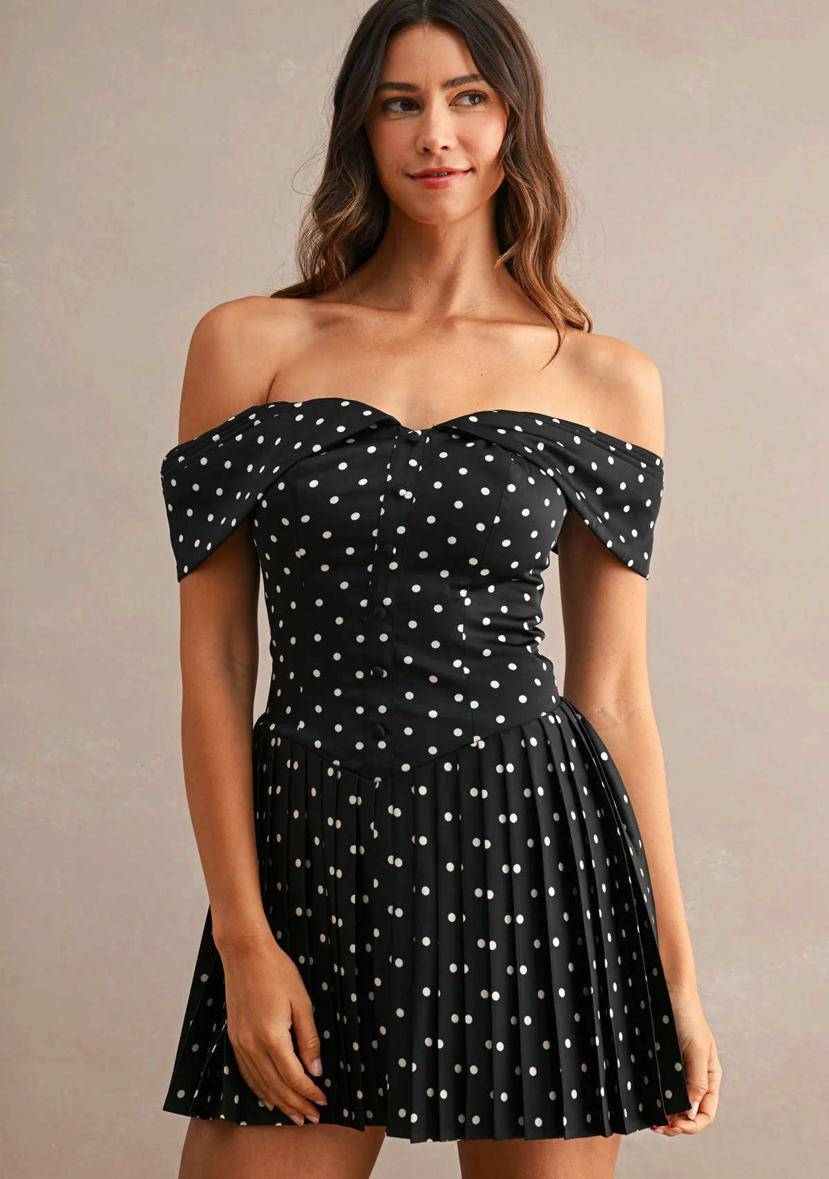 Polka Dot Pleated Off Shoulder Mini Dress - Image 3