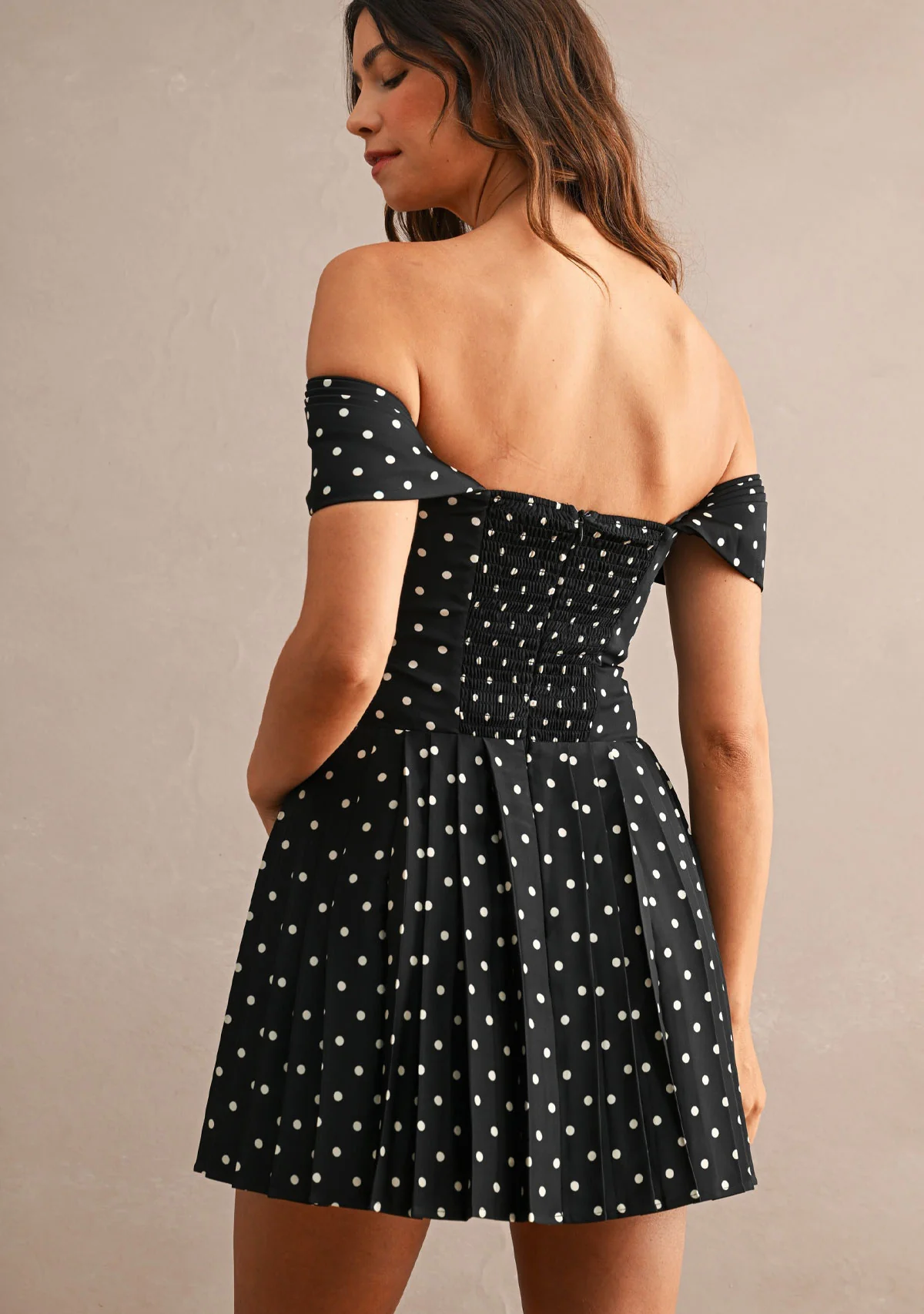 Polka Dot Pleated Off Shoulder Mini Dress - Image 5