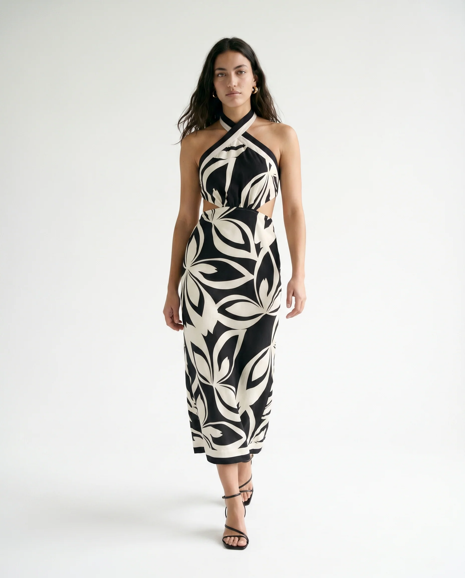 Printed Halter Neck Midi Dress Black - Image 2