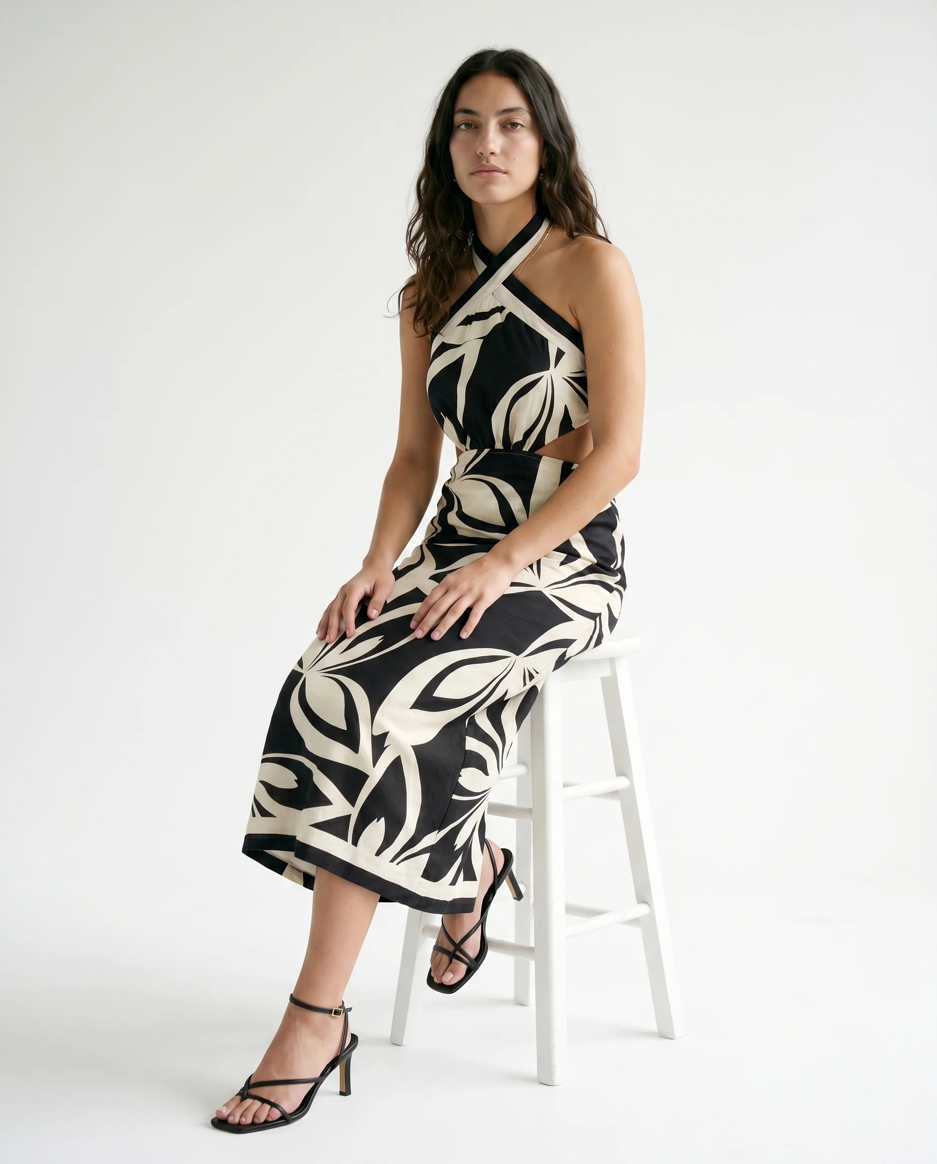 Printed Halter Neck Midi Dress Black - Image 8