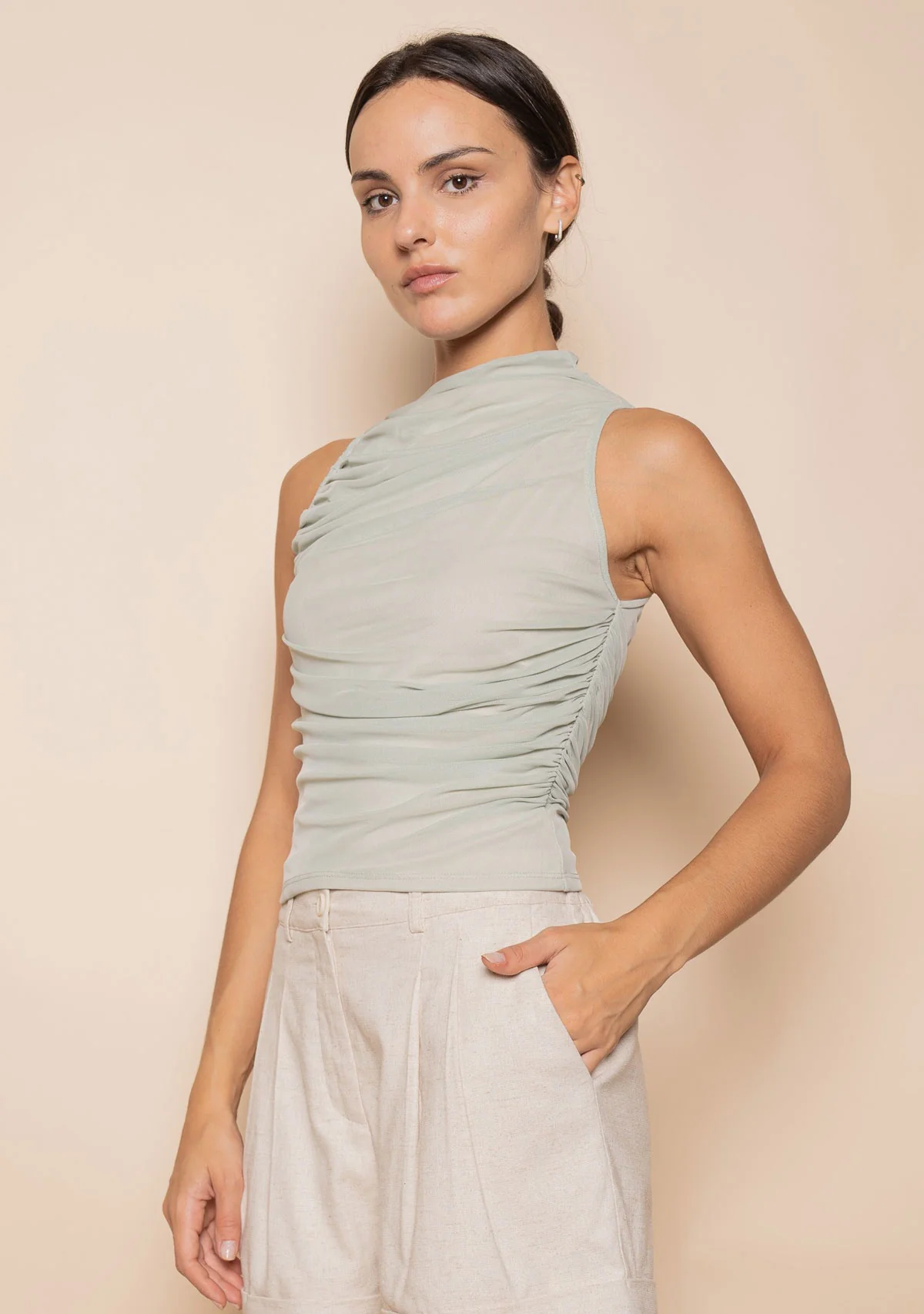 Ruched Mesh Tank Top Sage - Image 3
