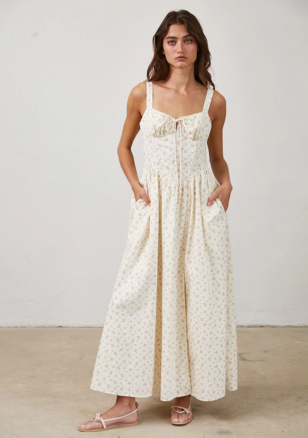 Serenity Floral Wired Front Ribbon Maxi Dress Cream Multi - Image 3