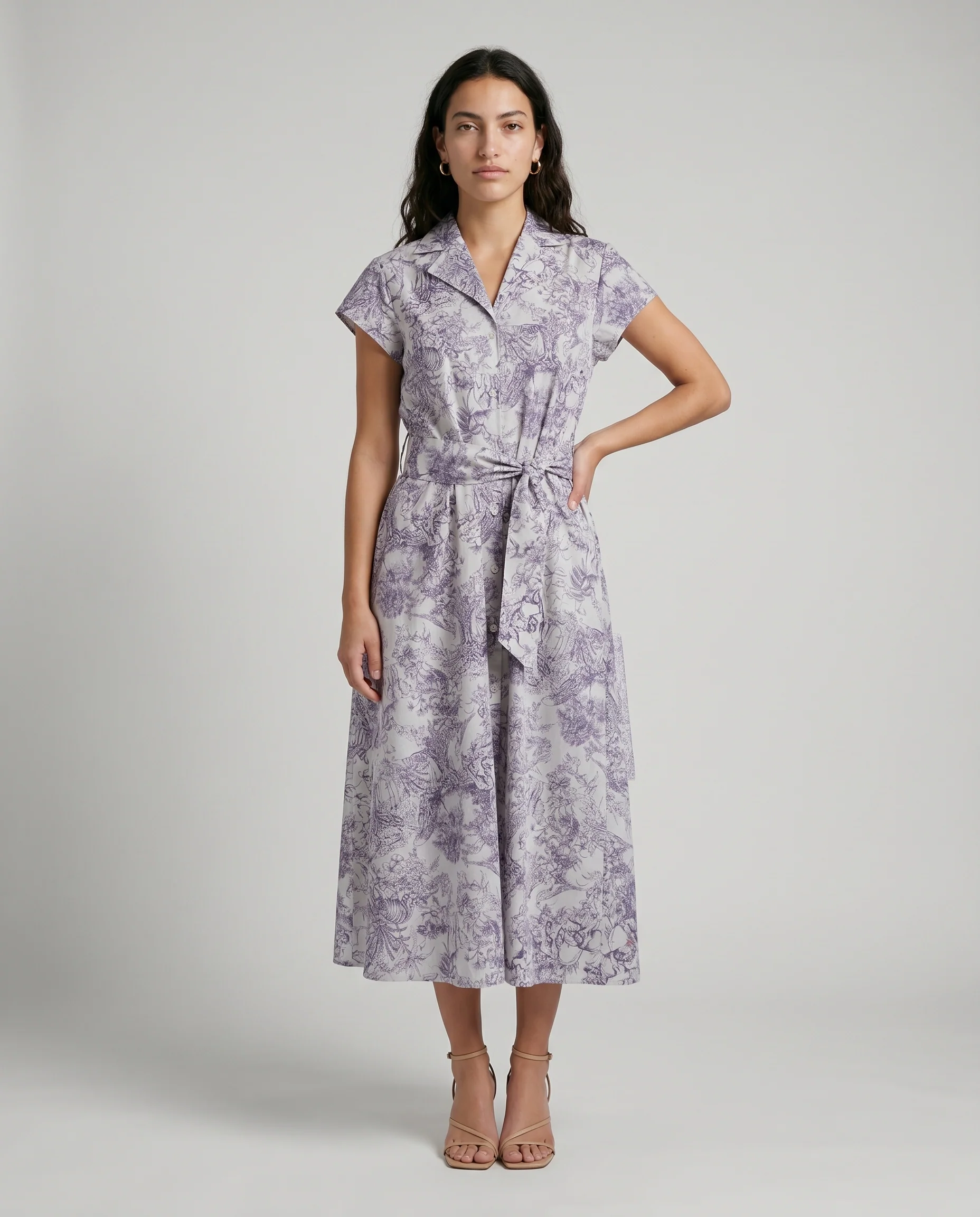 Short Sleeve Button Down Belted Midi Dress Ivory/Navy - Image 2