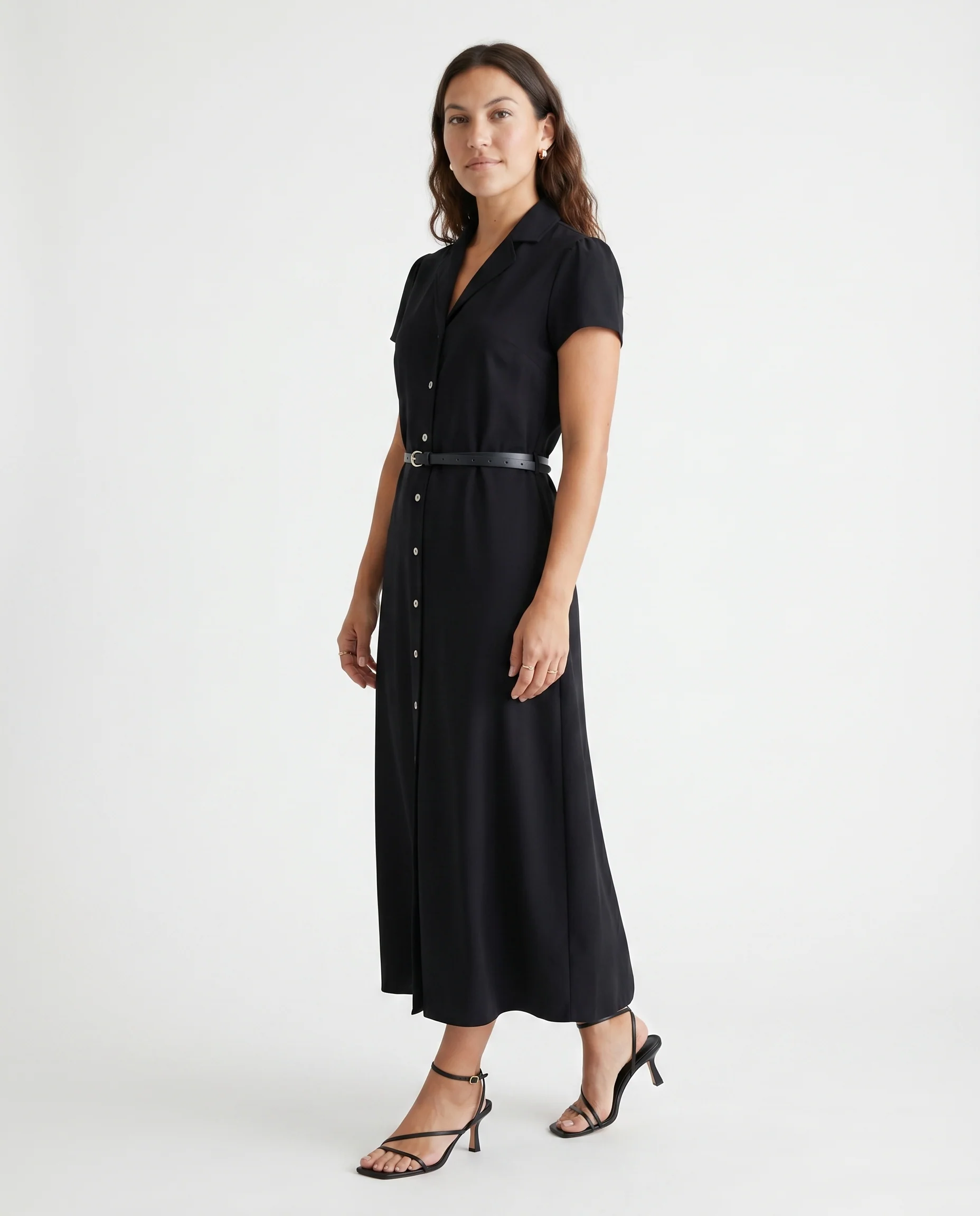Short Sleeve Button Front Belted Dress Black