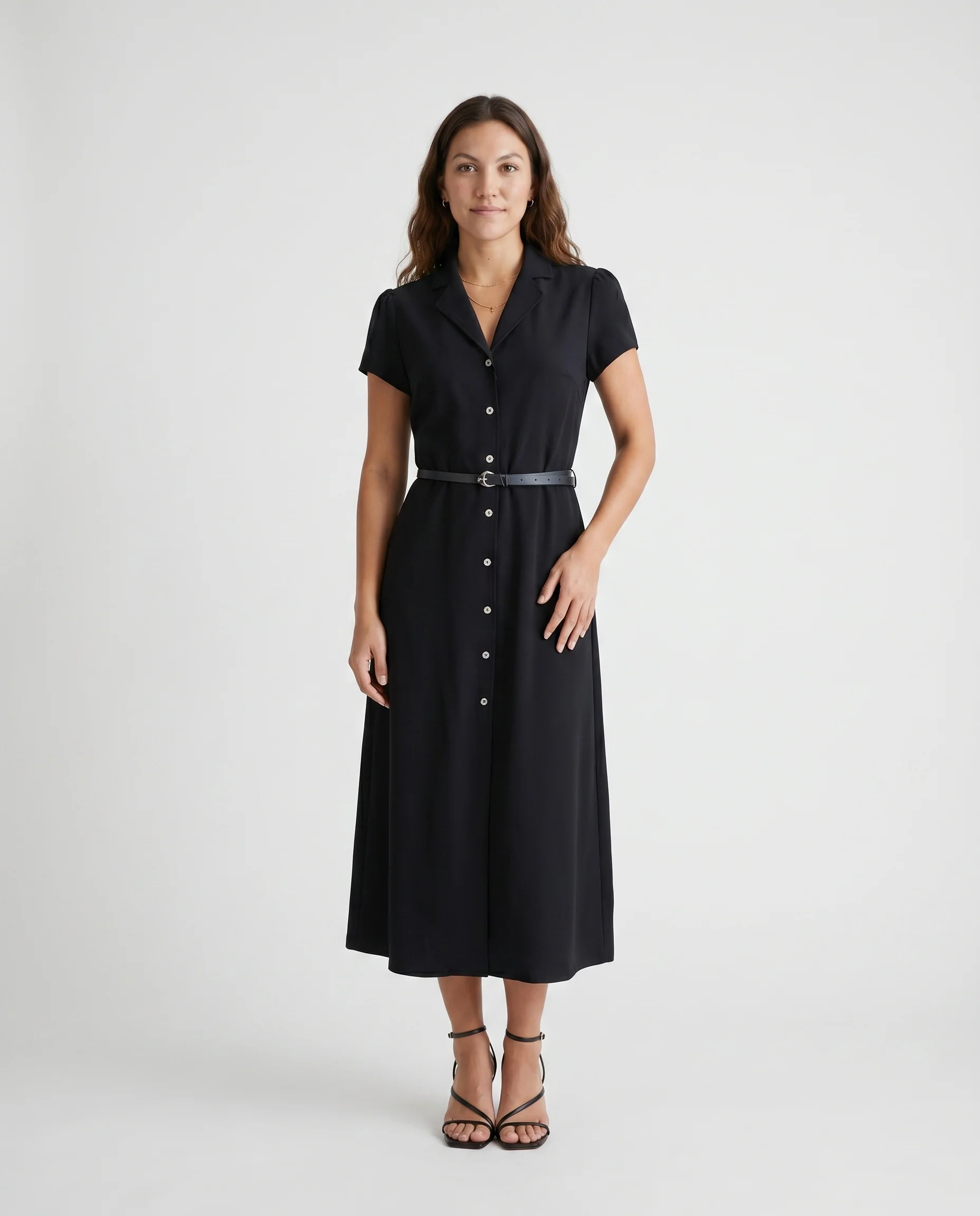 Short Sleeve Button Front Belted Dress Black - Image 3