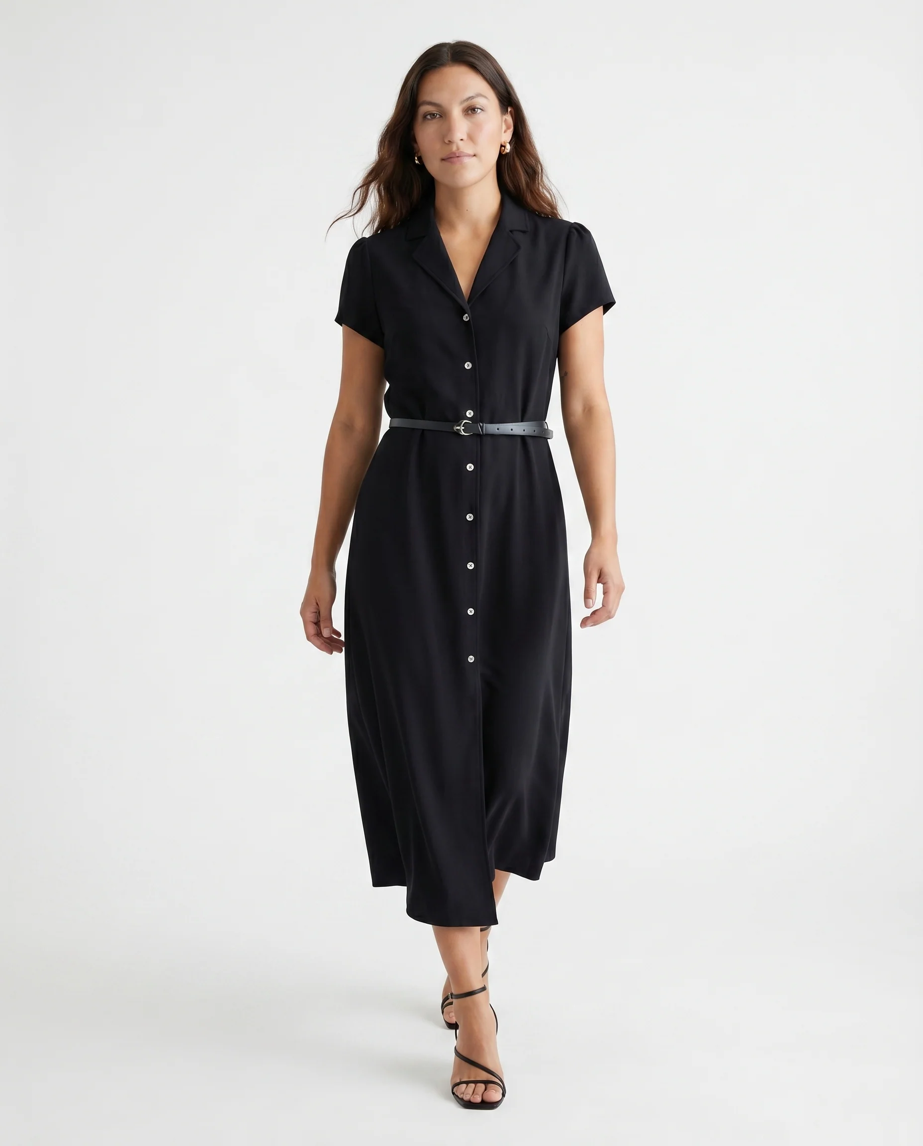 Short Sleeve Button Front Belted Dress Black - Image 4