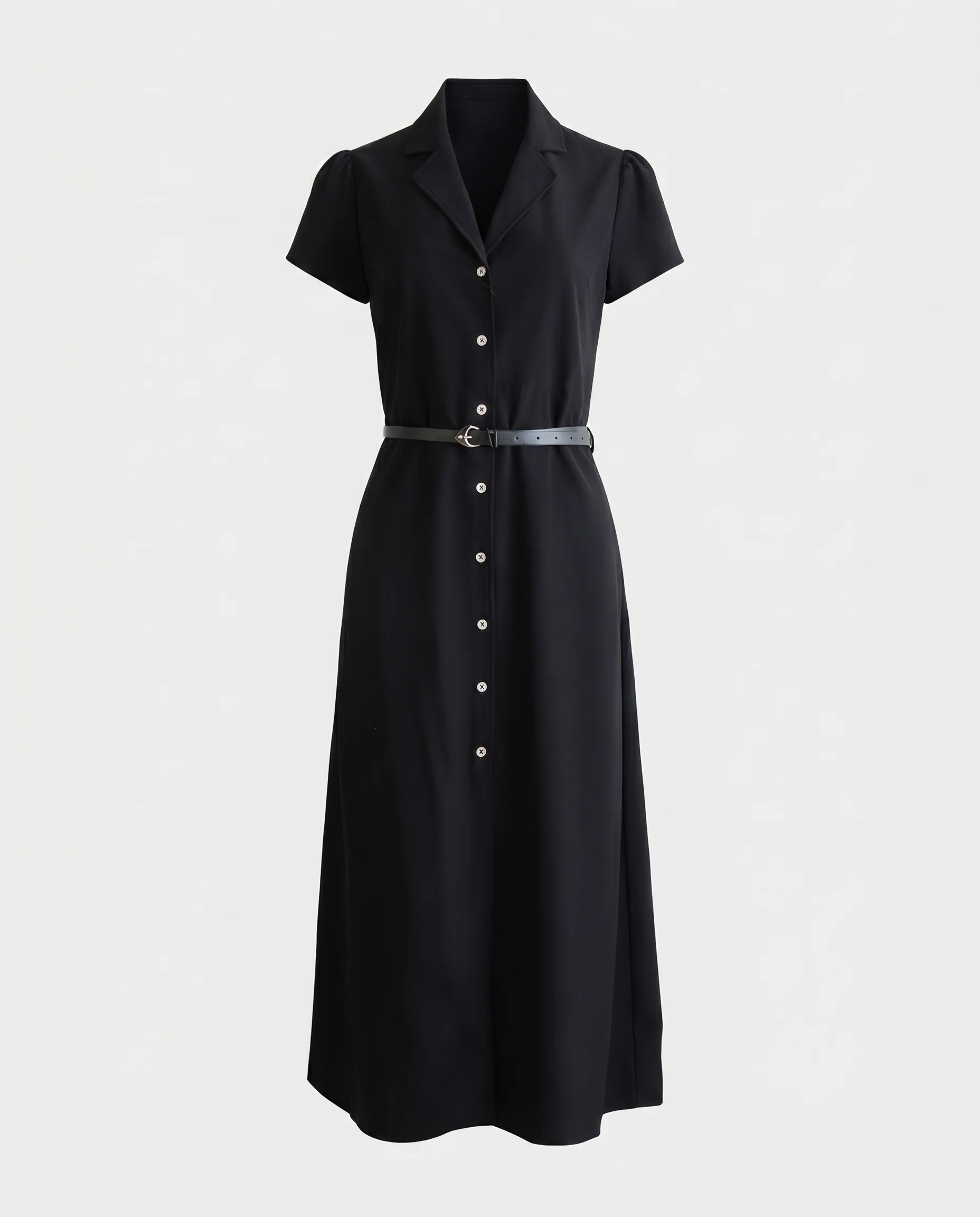 Short Sleeve Button Front Belted Dress Black - Image 5