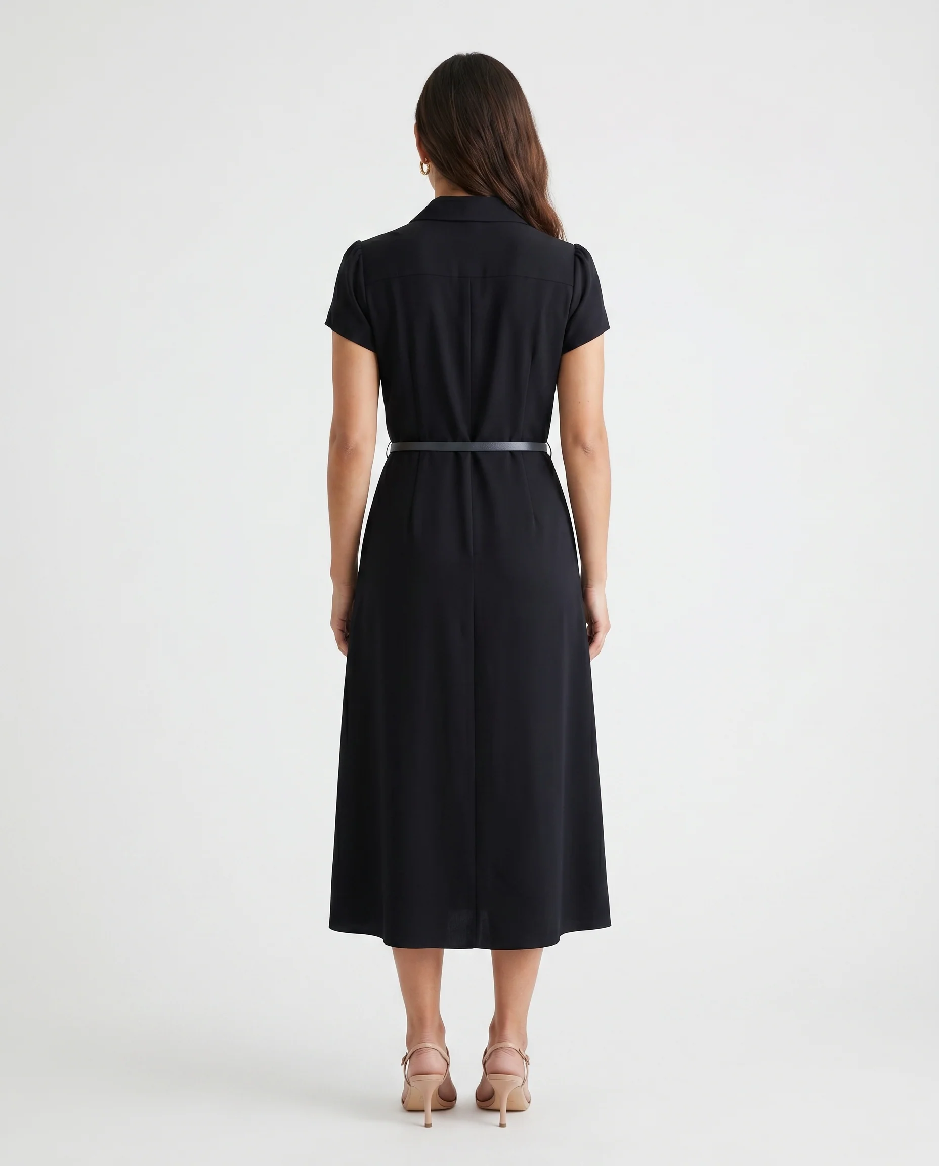 Short Sleeve Button Front Belted Dress Black - Image 7