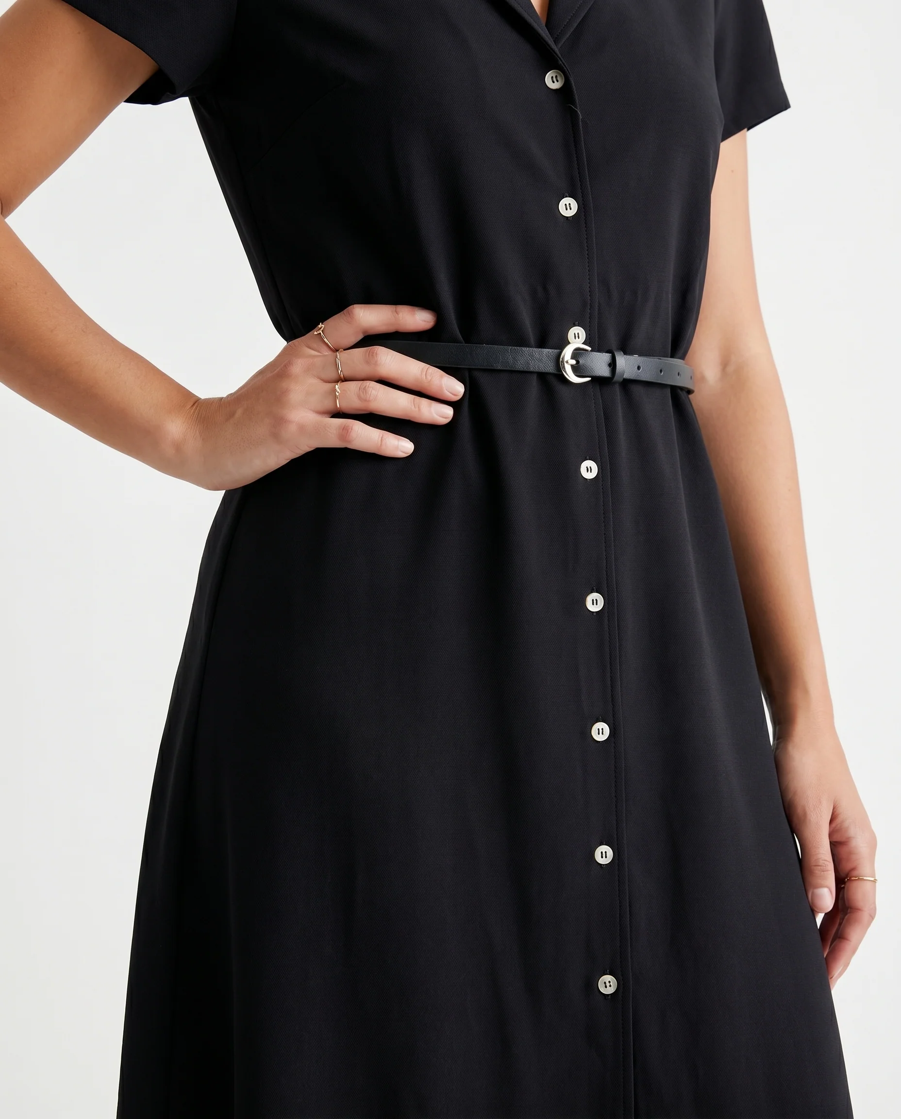 Short Sleeve Button Front Belted Dress Black - Image 8
