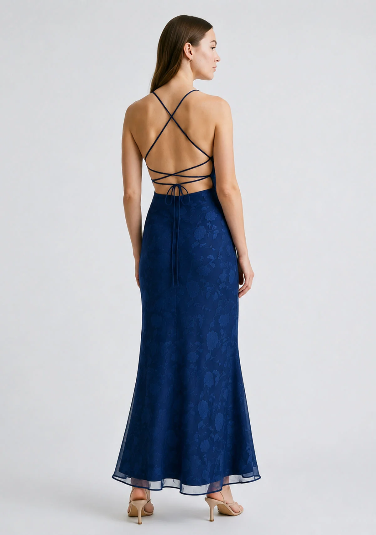 Special Moments Puffed Embroider Cowel Neck Maxi Dress With Strappy Back Navy - Image 2