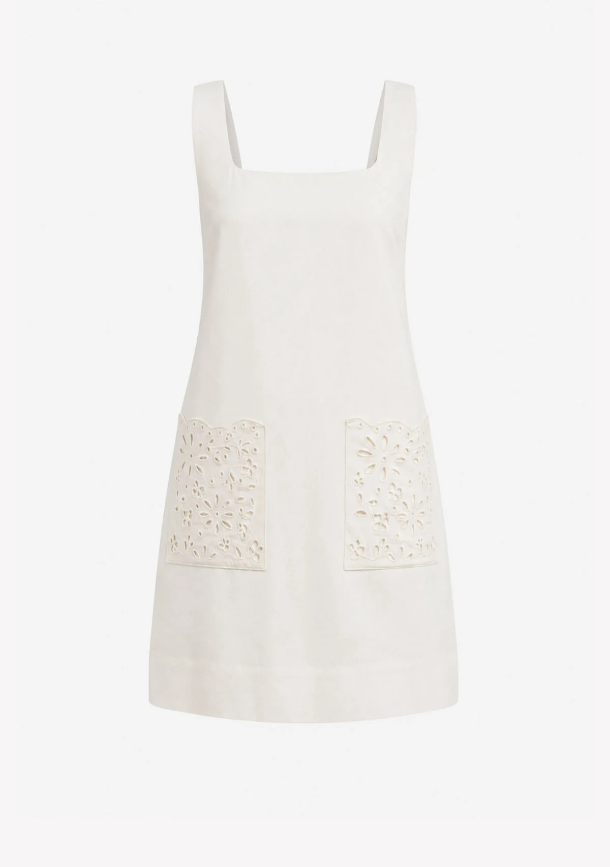 Square Neck S/l Linen Dress With Eyelet Pocket Off White