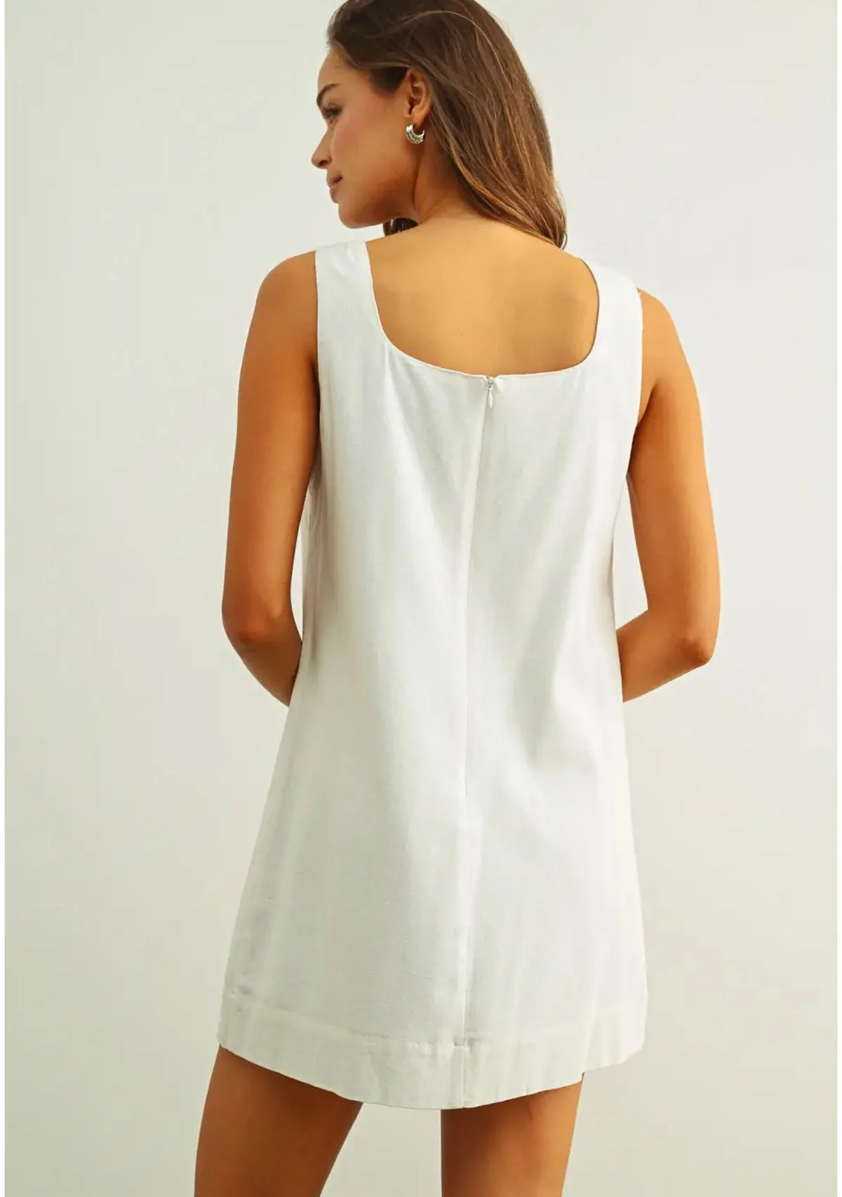 Square Neck S/l Linen Dress With Eyelet Pocket Off White - Image 5