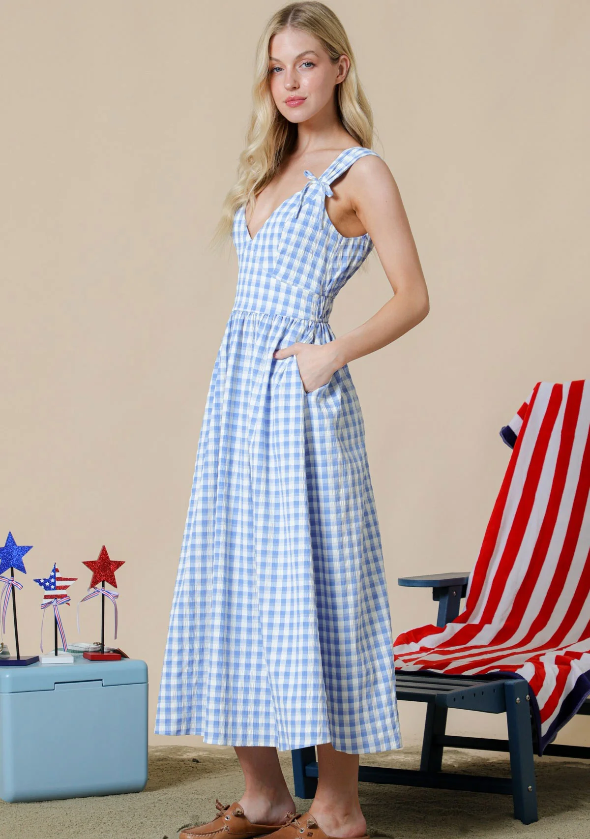 Textured Gingham Midi Dress With Front Ribbon Detail On Shoulder Blue - Image 3