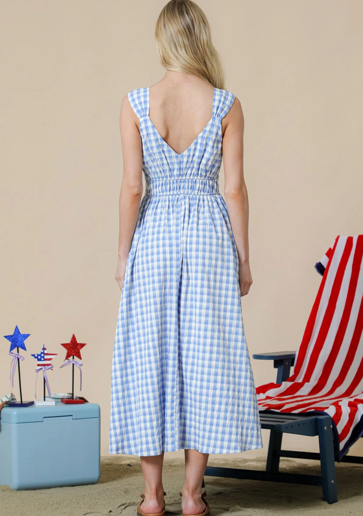 Textured Gingham Midi Dress With Front Ribbon Detail On Shoulder Blue - Image 4