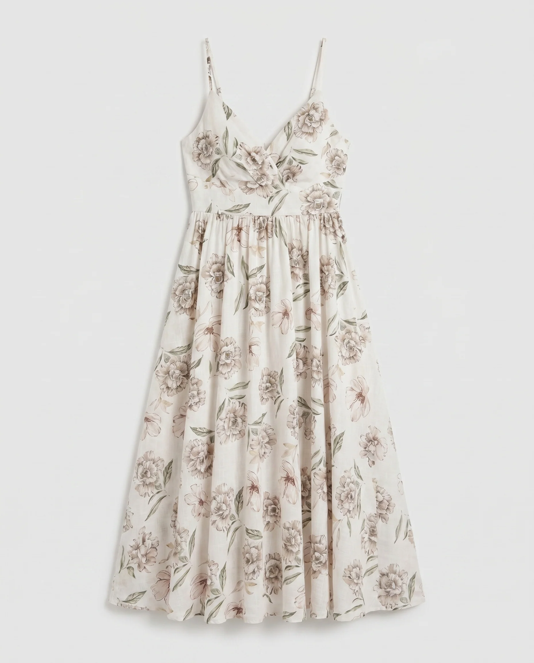 Thin Adjustable Strap Elastic Back Waisted Midi Dress Ivory/Green - Image 9