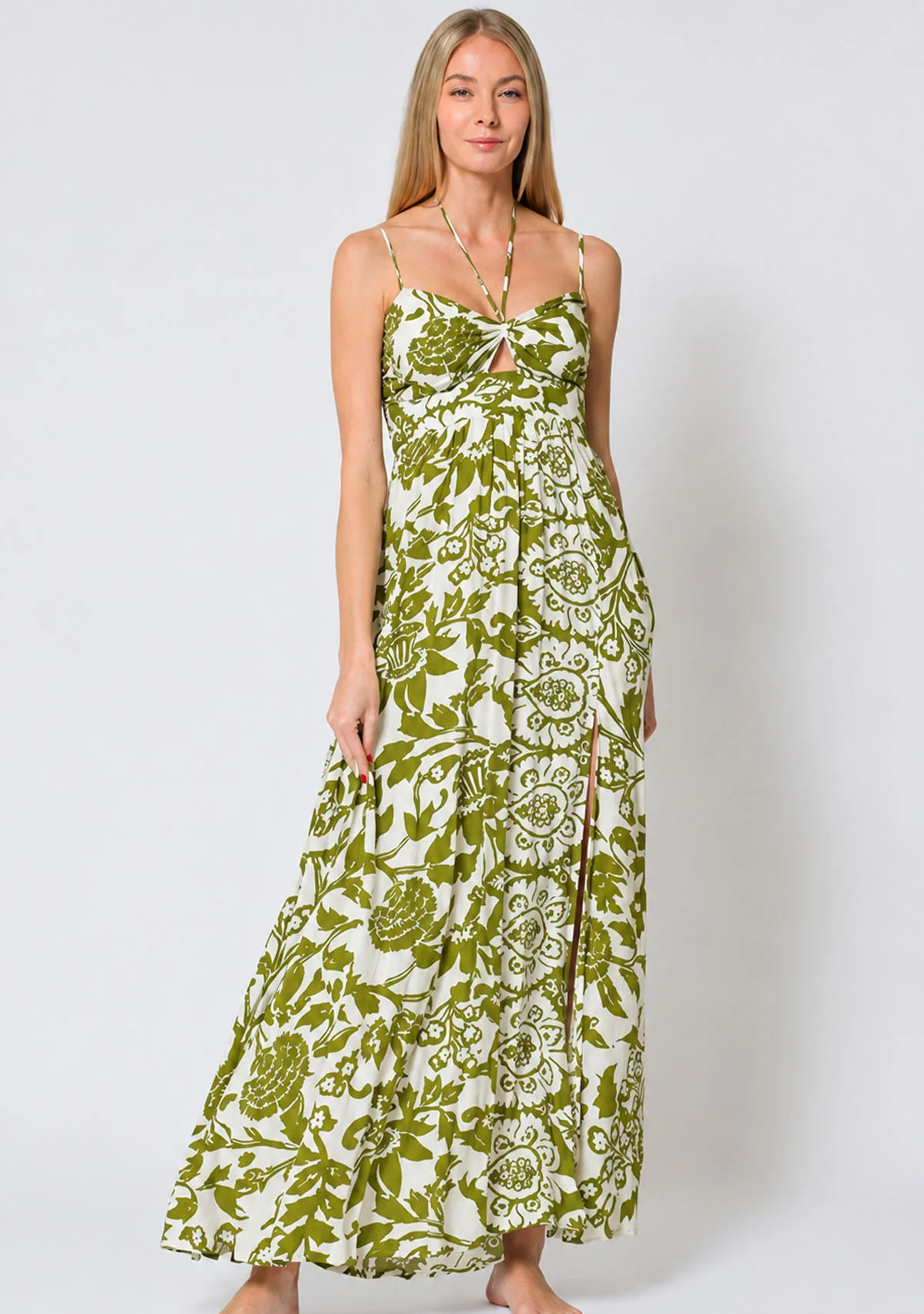 Thin Adjustable Strap Tie Back Neck Maxi Dress White/Green - Image 2