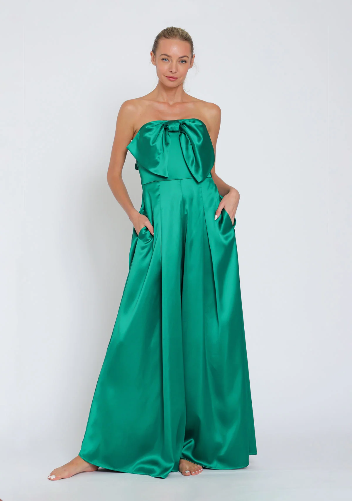 Tube Bow Top Detailing Elastic Back Waisted Jumpsuit Green - Image 2