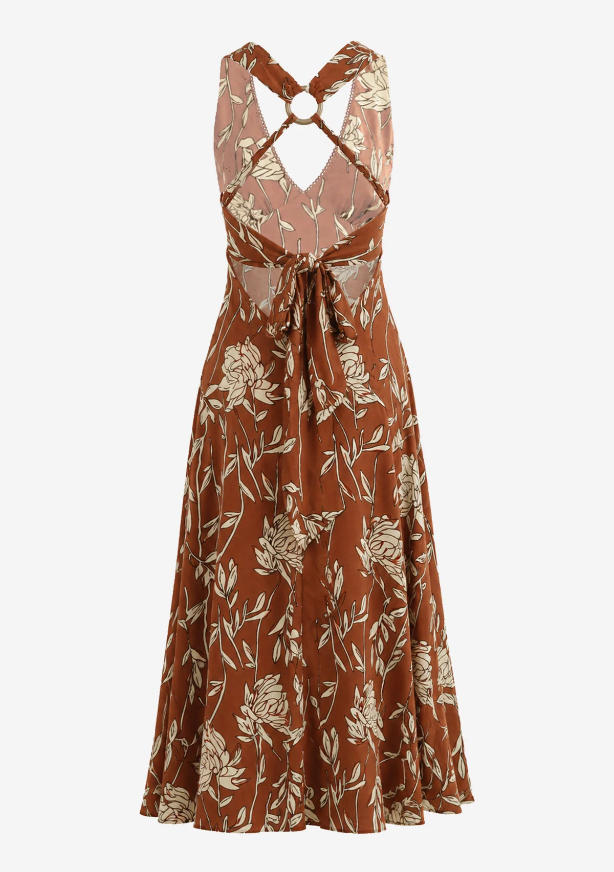 V Neck Back Strap Midi Dress Brown - Image 2