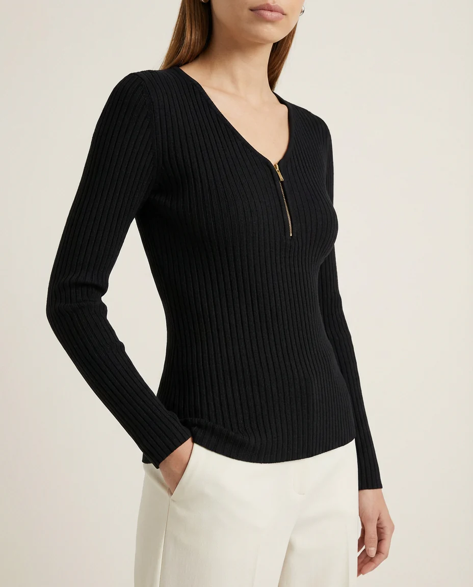 Zip Front Fitted Long Sleeve Top Black - Image 2