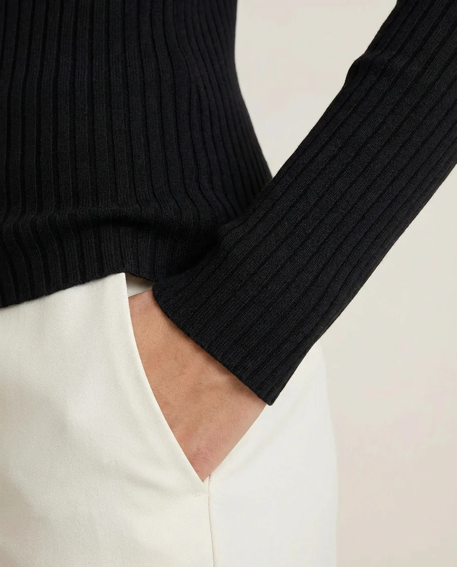 Zip Front Fitted Long Sleeve Top Black - Image 4